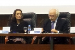 la Prof. Dra. Bolea Bardon (socia de la FICP) modera la ponencia del Prof. Dr. Sergio Moccia.