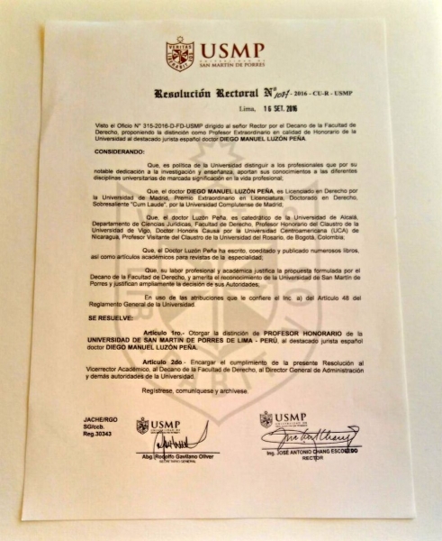 Resolución Prof. honorario Univ. San Martin de Porres