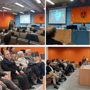 Arriba, izq.: Prof. Dra. Lorena Alemán Aróstegui. Arriba, der.: Tribunal. En pantalla, Prof. Dr. Massimo Donini, junto a Prof. Dr. Dr. h.c. mult. Miguel Díaz y García Conlledo* (Presidente) y Prof. Dra. Lisette Páez Cuba. Abajo, izq.: Prof. Dr. Dr. h. c. mult. Diego Manuel Luzón Peña*, Prof. Dra. Inés Olaizola Nogales*, Prof. Dra. Soledad Barber Burusco* y Prof. Dr. Dr. h.c. Javier de Vicente Remesal*. Abajo, der.: Asistentes al evento.