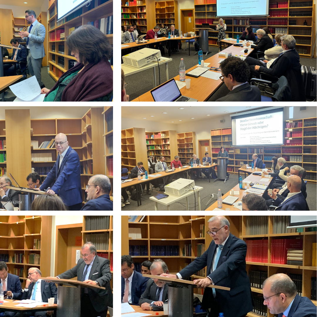 Arr. a abaj., de izq. a der.: Foto 1: Prof. Dr. Teixeira Guimaraes (Ponente). Foto 2: Prof. Dra. Zerbes. Foto 3: Prof. Dr. Hefendehl (Ponente). Foto 4: Prof. Dra. Hörnle (Ponente). Foto 5: Prof. Dr. Dr. h. c. mult. Luzón Peña* (Ponente). Foto 6: Prof. Dr. Dr. h. c. Díaz y García Conlledo*.